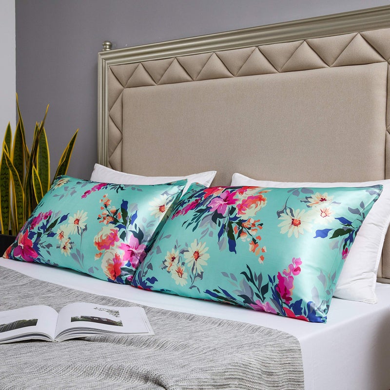 MR&HM Satin Pillowcase for Hair and Skin, Silk Satin Pillowcase 2 Pack, Queen Size Pillow Cases Set of 2, Silky Pillow Cover with Envelope Closure (20x30, Floral Green) - Image 5
